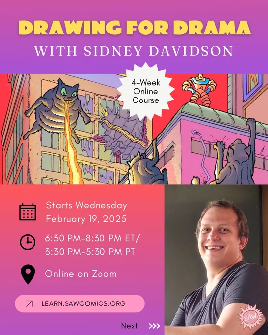 Want to captivate your audience? Learn the secrets of dynamic storytelling through drawing! In just 4 weeks, Sidney Davidson will teach you how to use angles, exaggeration, and curiosity to immerse your readers. 