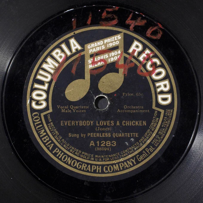 Record label for 'Everybody Loves a Chicken", with the number 11540 hand printed twice across the top in red grease pencil.