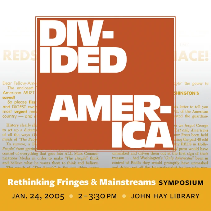 words "Div-ided Amer-ica" split on an orange square on top of text with a yellow bar across the bottom with the event title, date, time, and place