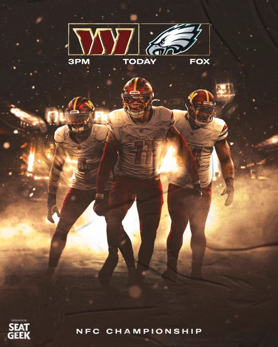 Gameday graphic. It features Frankie Luvu, Jeremy Chinn and Bobby Wagner outside of Lincoln Financial Field. The top has the Commanders and Eagles logos and says "3PM, TODAY, FOX." The bottom says "NFC Championship."