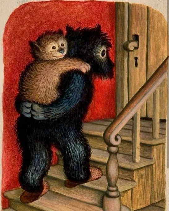 A cartoon bear is carrying a smaller bear up some stairs