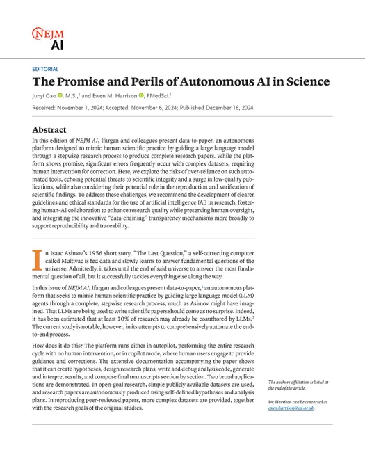 Page 1 of the editorial "The Promise and Perils of Autonomous AI in Science"
