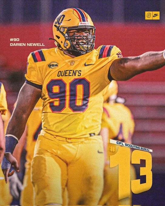 Darien Newell pointing his arm while yelling on the field during a Queen's University Gaels football game