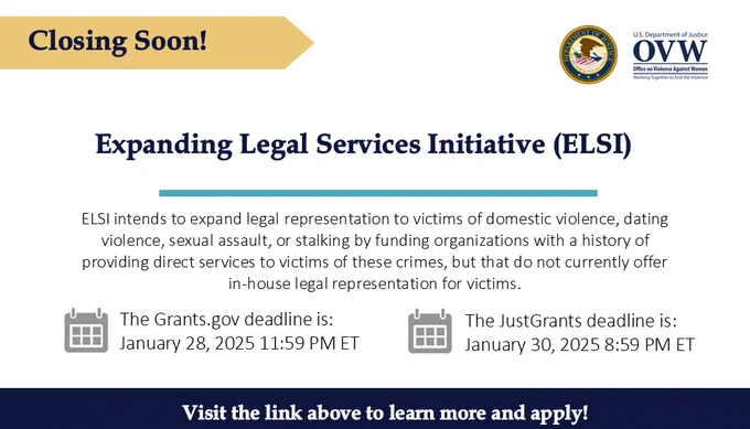 Closing Soon!
Expanding Legal Services Initiative (ELSI)
ELSI intends to expand legal representation to victims of domestic violence, dating violence, sexual assault, or stalking by funding organizations with a history of providing direct services to victims of these crimes, but that do not currently offer in-house legal representation for victims.
The Grants.gov deadline is: January 28, 2025 11:59 PM ET
The JustGrants deadline is: January 30, 3035 8:59 PM ET