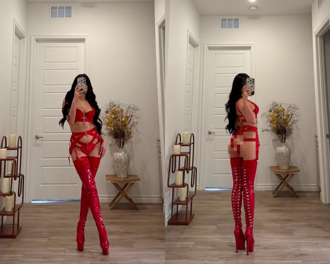 Asian goddess in red thigh high boots and red lingerie.