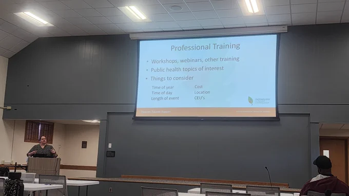 Angela asking public health professionals what they want to learn more about
