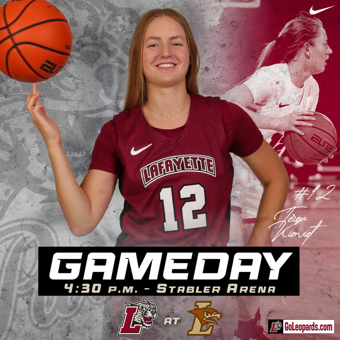 Sophomore guard Teresa Kiewiet posed inside a graphic while spinning a basketball on her finger, highlighting the teams 4:30 p.m. matchup in Bethlehem vs. Lehigh.