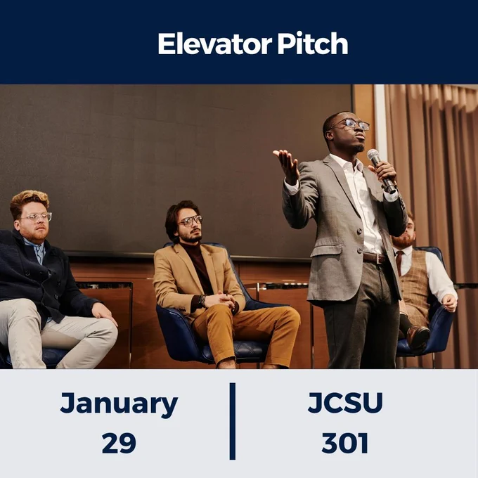 Elevator pitch workshop on January 29 in the JCSU 301; photo of a student giving a speech on stage