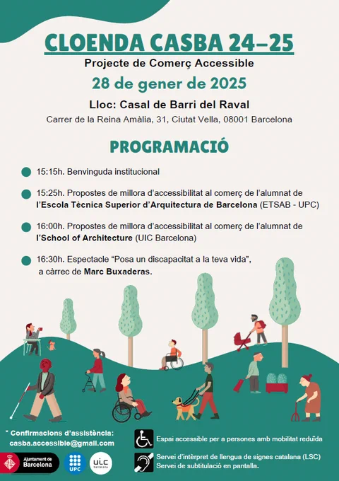 Cartell de la jornada amb la informació que es pot consultar dins la notícia. A baix, una il·lustració de diverses persones passejant per un parc. Algunes d'elles tenen discapacitats.