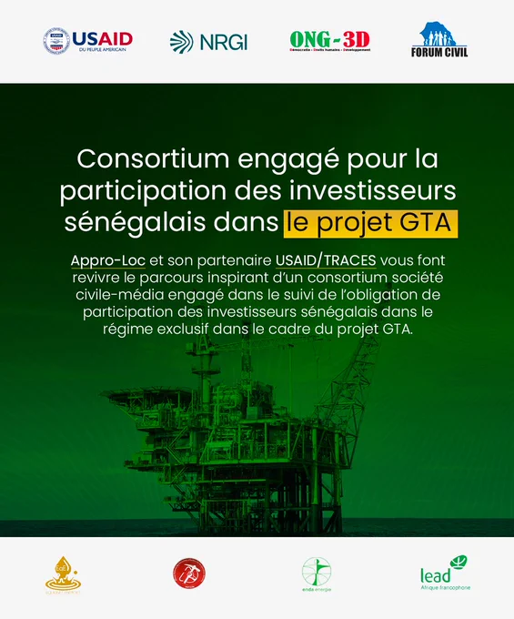 Revivez le parcours inspirant avec Appro-Loc et USAID/TRACES 

Le groupe Appro-Loc, en collaboration avec son partenaire USAID/TRACES, vous invite à découvrir sur une semaine le parcours remarquable d’un consortium hashtag#SociétéCivile -hashtag#médias.

Un engagement fort pour le suivi de l’obligation de participation des hashtag#investisseurs sénégalais dans le régime exclusif, au cœur du Grand Tortue/Ahmeyin (GTA).

Ce projet met en lumière l’importance d’une mobilisation locale pour garantir une participation inclusive et équitable dans le secteur énergétique du sénégal.

Ensemble, nous écrivons l’histoire d’un #sénégal résilient et visionnaire. 
Suivez cette aventure durant une semaine avec nous et contribuez à faire rayonner notre potentiel local 
#investisseursengagés
#pétrole
#EconomieDurable
#opportunités