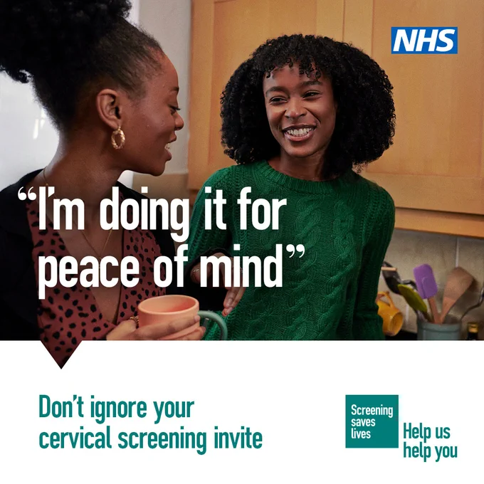 An image of two black women smiling.

'I'm doing it for peace of mind.'

Don't ignore your cervical screening invite. Screening saves lives. Help us help you.