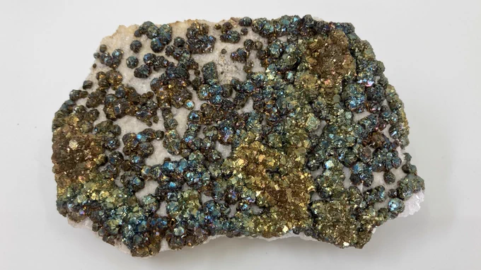 Chalcopyrite crystals on a white rock matrix. The crystals are spherical masses of crystals. Some crystal faces are visible where they reflect the light, but these are poorly formed crystals more closely resembling spheres. The spheres are distinct in places but in others they occur so close together as to form one large mass, particularly in the bottom right of the specimen. The crystals are a golden-yellow colour, though most are tarnished to also show blues, greens and purples. 