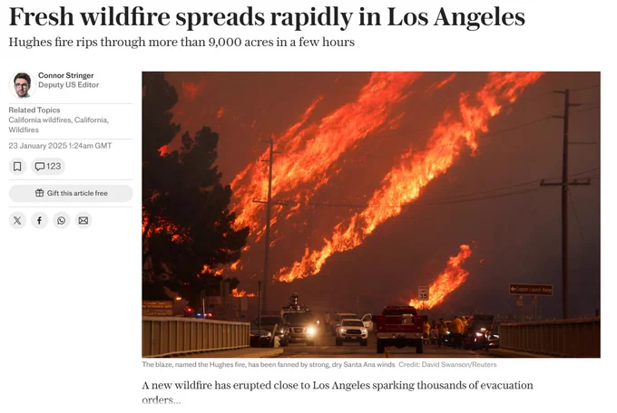 A screenshot taken from the Telegraph shows a picture of the wildfires in Los Angeles burning behind a road with stationary cars. The headline at the top of the image reads 'Fresh wildfire spreads rapidly in Los Angeles'.