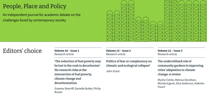 The image shows a screenshot taken from the PPP website. At the top in a green box is the People, Place and Policy title and an introduction to the journal. Underneath this is a white box with a heading reading 'Editors' choice'. In this is the titles, authors and volume/issue numbers of the articles. All of these are focused on climate change.