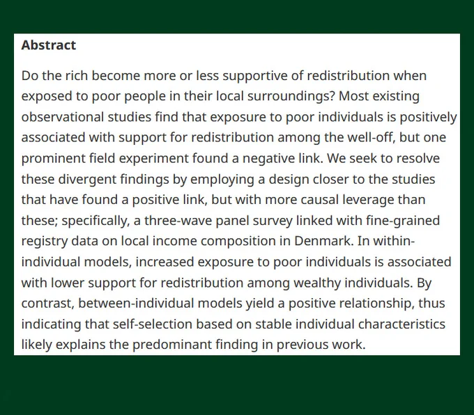 Image of a BJPolS abstract discussing a research abstract on the topic of redistribution and public exposure to poverty, focusing on findings and methodological approaches in Denmark