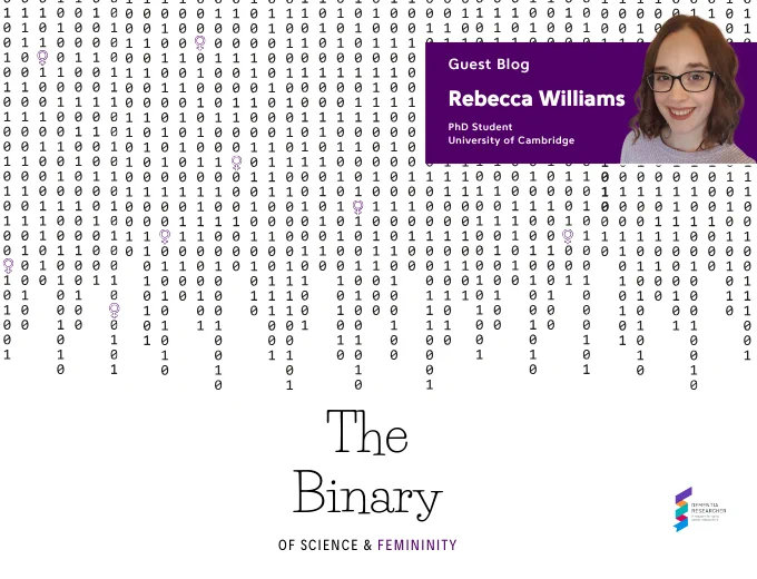 
This image features a promotional graphic for "The Binary of Science & Femininity," a guest blog by Rebecca Williams, a PhD student at the University of Cambridge. The background consists of numerous rows of binary code in purple and white, symbolising the theme of binaries. Centred at the top right is a photo of Rebecca Williams, smiling, with the text "Guest Blog" and her name and title beneath it. The blog title "The Binary" is prominently displayed in large, bold white letters at the bottom.