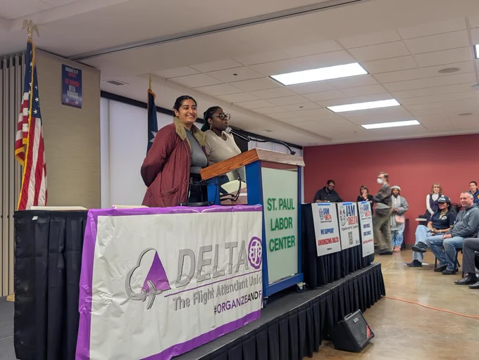 Aisha (left) and Robin (right) speaking at the St. Paul Labor Center.