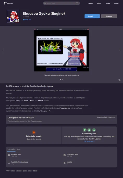 Screenshot of https://flathub.org/apps/net.nmlgc.rec98.sh01, the Flathub page of Shuusou Gyoku's Flatpak Linux source port.

Kind of an embarrassment with the lossy graphics, to be honest, but what can you do…