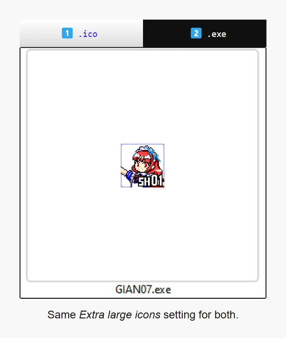 Screenshot of Windows 11's Explorer at the Extra large icons setting, displaying an .exe binary that is supposed to have a 128×128-pixel icon in addition to a 48×48-pixel one, but Explorer strangely shows the 48×48-pixel variant in the center of a 256×256-pixel box. Taken from the ReC98 2025-01-25 blog post.