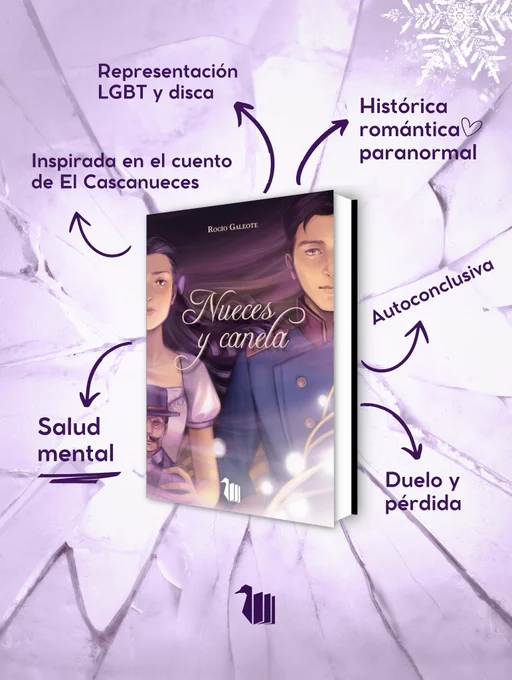 Imagen de la cubierta con flechas apuntando a los siguientes items: representación LGBT y disca, inspirada en el cuento de El Cascanueces, histórica/ romántica/ paranormal, autoconclusiva, salud mental, duelo y pérdida 