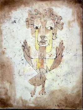 A picture of the painting "Angel Novelus" by Paul Klee. The painting is referenced by Walter Benjamin in "Theses on the Philosophy of History" where the angel of history is trapped staring at a mountain of suffering that is the past. The angel is trapped by a storm wind carrying it farther and farther away from the past, which it wants to reach out and heal, but cannot reach. The storm wind carrying the angel away, according to Benjamin, is what our world calls progress.