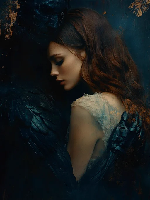 a woman angel with big wings and brunette hair, as a beautiful cyborg woman with very delicate electronic pieces in her skin, she is hugging a dark stone sculpture of a man, dark background --chaos 10 --ar 3:4 --sref 1750388798 --style raw --stylize 200