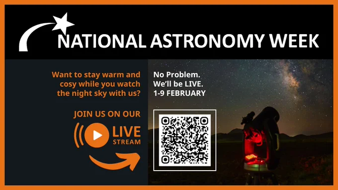 Graphic celebrating National Astronomy Week with the text 'Join use on our livestream' and a QR code to do so, with a telescope pointing to the stars.