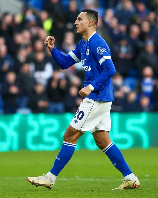 Anwar El Ghazi celebrates his goal at Cardiff City Stadium against Derby County.