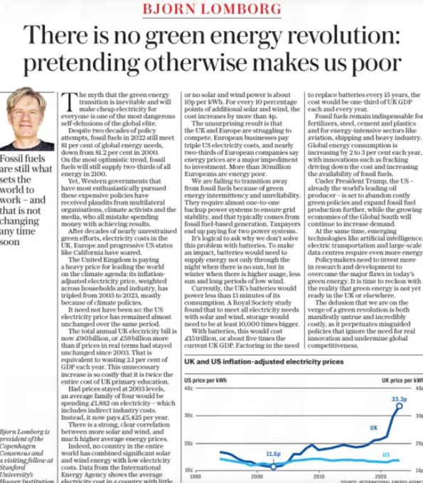 Image of a Sunday Telegraph article by commentator Bjorn Lomborg. The headline says: "There is no green energy revolution: pretending otherwise makes us poor"