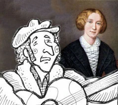 A cartoony drawing of the young Bob Dylan next to a 19th century portrait of the novelist George Eliot.
