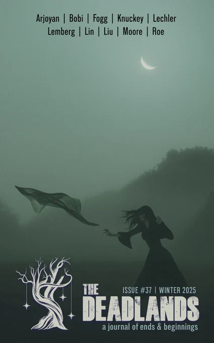 Cover art for The Deadlands #37, featuring a woman in a witchy dress reaching for a diaphanous scarf getting pulled away by wind, with fogbound hills and crescent moon
