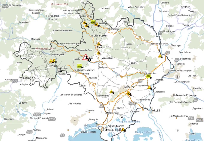 - RD6113 à Nîmes et Bouillargues. Du 27 janvier au 7 février. Travaux d’aiguillage réseau télécom. Léger empiètement sur la chaussée et circulation alternée ponctuellement
- RD129 entre Anduze et Générargues. Du 22 au 31 janvier. Risque d’éboulement. Route fermée à toute circulation. 2 déviations possibles : par Alès, RD910A et RD50 ou par Saint-Jean-du-Gard, RD907, RD983 et RD50
- RD58 à Sylvéréal : Réparation du Pont sur le petit Rhône. Phase 2 des travaux de réparation du pont du 27 janvier au 7 février. Circulation sous alternat toute la quinzaine sauf les 4 nuits du 3 au 7 février. La circulation sera coupée dans les deux sens entre 19h et 6h. Déviation par Aigues-Mortes, Aimargues et Saint-Gilles. Circulation interdite pour les poids lourds de plus de 12 tonnes pendant toute la durée des travaux. Déviation des PL par Vauvert, Caissargues, Saint-Gilles
- Via Rhôna entre Aigues-Mortes et le Grau-du-Roi. Du 20 janvier au 30 mai. Travaux sur réseau d'assainissement.