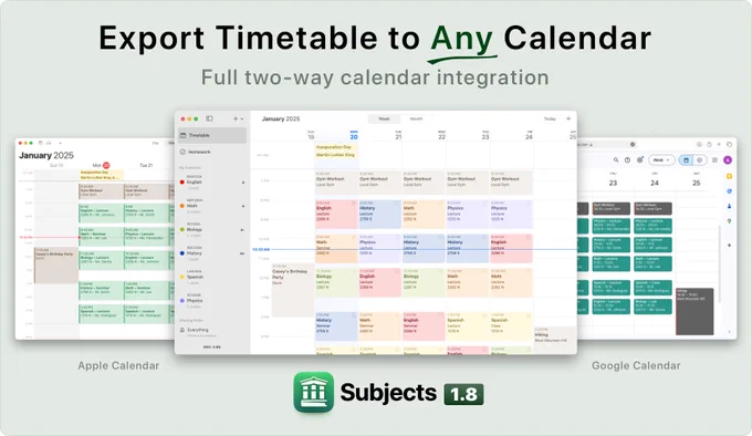 Subjects 1.8 Timetable Export in Apple Calendar and Google Calendar
