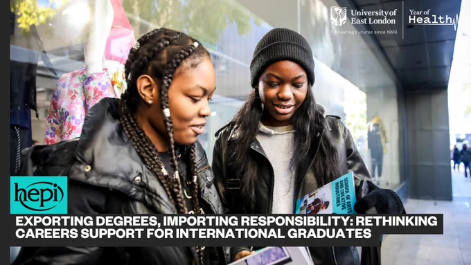 Two students are stood together reading a pamphlet. Title reads "Exporting Degrees, Importing Responsibility: Rethinking Careers Support for International Graduates".