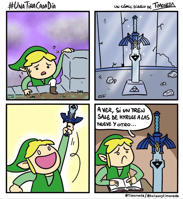 Link (el del Zelda) trepa por unas ruinas, llega al lugar donde está la espada maestra y la alza.
A continuación vemos a link sentado en un pupitre, con una libreta abierta y un lápiz en laanoientras las espada dice: "A ver, si un tren sale de Hyrule a lad nueve y otro..."
