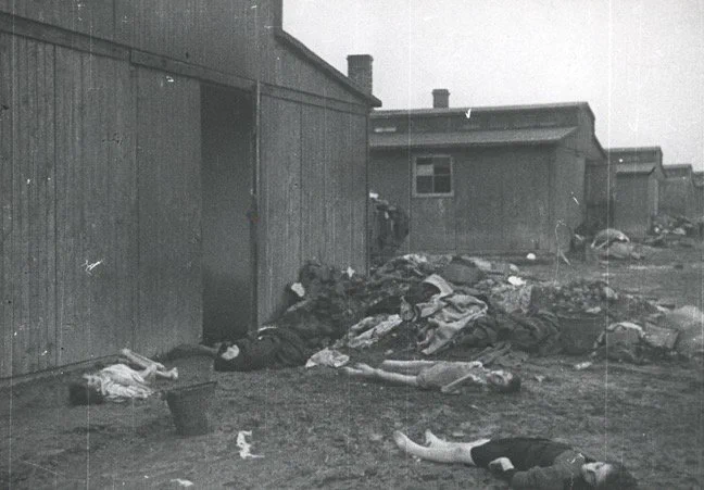 Historical black and white photograph of Auschwitz concentration camp after liberation showing dilapidated wooden barracks and victims' bodies on the ground.
