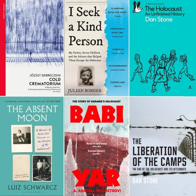 The covers of: Cold Crematorium by József Debreczeni translated by Paul Olchvary
I Seek a Kind Person by Julian Borger
The Holocaust by Dan Stone
The Absent Moon by Luiz Schwarcz 
Babi Yar by A. Anatoli translated by David Floyd
The Liberation of the Camps by Dan Stone. All arranged in a three by two grid.