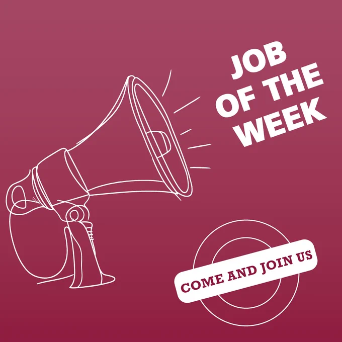 A megaphone on a red background with text saying: job of the week, come and join us.