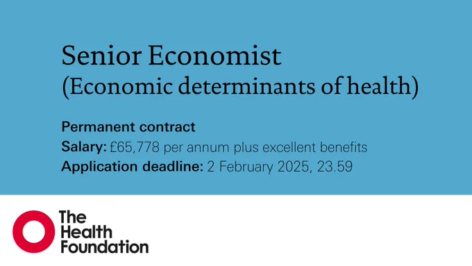 Senior Economist
(Economic determinants of health)
Permanent contract
Salary: £65,778 per annum plus excellent benefits
Application deadline: 2 February 2025, 23.59