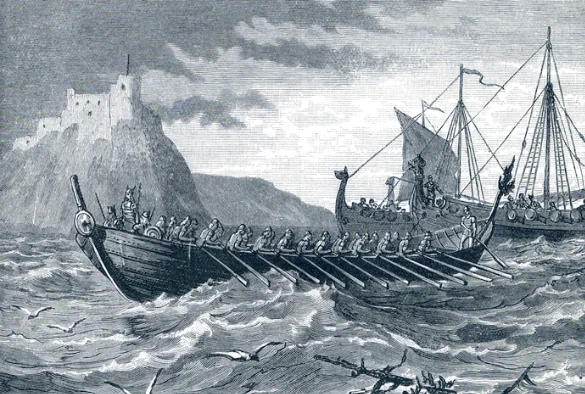 B&W illustration of a viking longboat