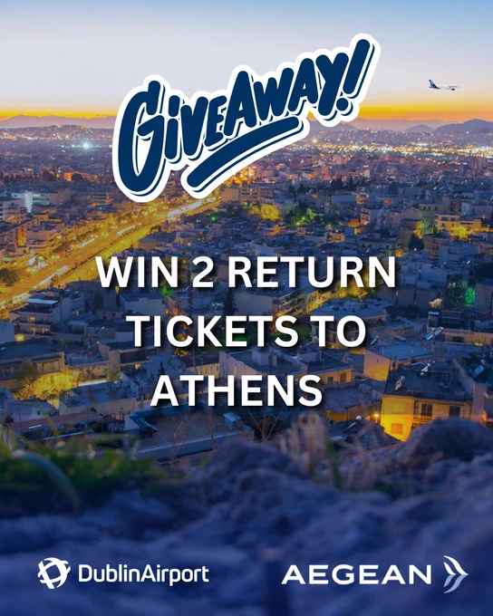 An evening aerial view of Athens, Greece, with a plane flying in the distance against a colourful sunset sky. The text reads: 'Giveaway! Win 2 return tickets to Athens.' Logos for Dublin Airport and Aegean Airlines are displayed at the bottom.