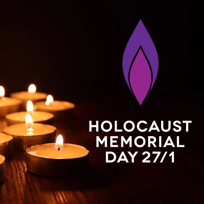 A photo of some tea light candles on a wooden surface in a dark environment with the purple HMD flame overlaid and the text "Holocaust Memorial Day 27/1".