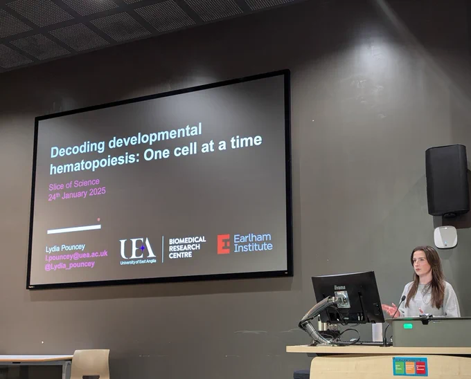 The speaker Lydia Pouncey stands at a lectern presenting in a lecture hall. She gestures with her hands while speaking. Behind her, a large black slide is displayed on a screen. The slide reads: "Decoding developmental hematopoiesis: One cell at a time," with the subtitle "Slice of Science, 24th January 2025." Below the title are her contact details: "Lydia Pouncey, l.pouncey@uea.ac.uk, @Lydia_pouncey." Logos for the University of East Anglia, the Biomedical Research Centre, and the Earlham Institute are visible at the bottom of the slide.