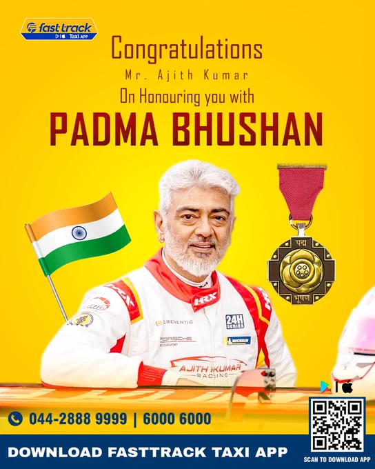 Heartiest congratulations to the legendary Ajith Kumar on being honored with the prestigious Padma Bhushan! A true inspiration and a role model, your dedication and talent have always been an inspiration. We at Fasttrack Cabs are proud to celebrate this momentous achievement. 