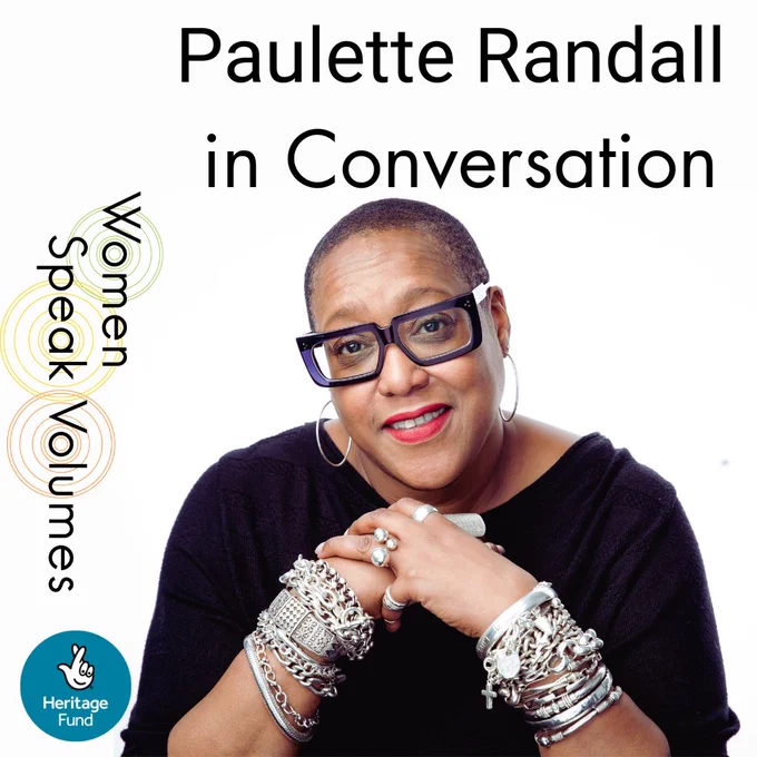 Image with title Paulette Randall in Conversation: Women Speak Volumes. A photo shows Paulette Randall on a white background, with her hands clasped, smiling. 