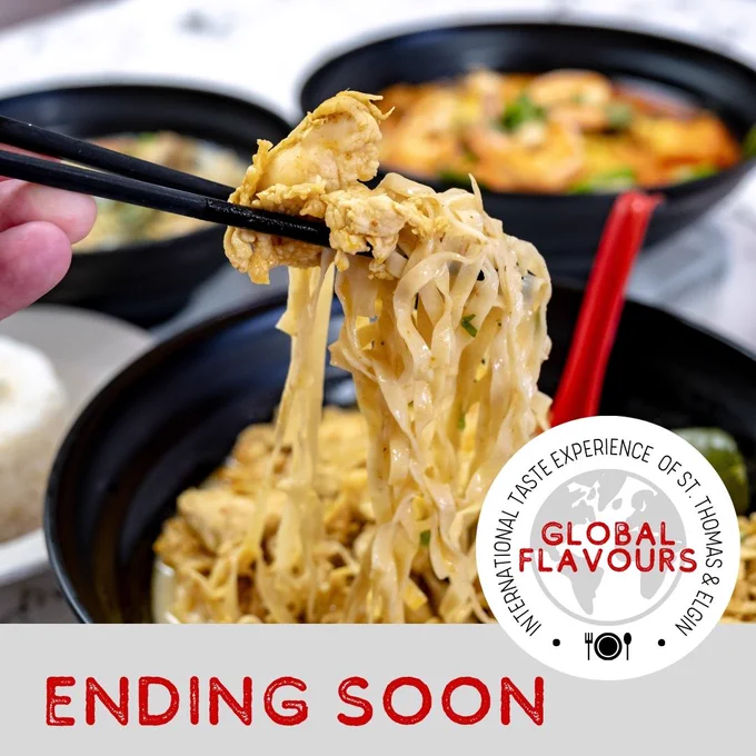  A graphic with a photo of thai noodles, the Global Flavours logo, and text that says 'Ending Soon'.