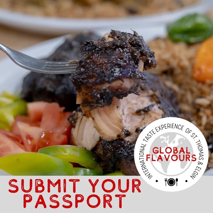 A graphic with a photo of jerk chicken, the Global Flavours logo, and the text 'submit your passport'.