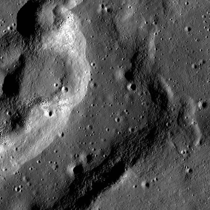 A complex wrinkle ridge in Mare Crisium on the Moon at low Sun, seen in an image captured by the Lunar Reconnaissance Orbiter Camera.
NASA/GSFC/Arizona State University