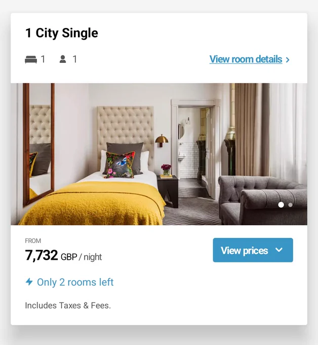 Screenshot of a hotel room listing with a price tag of £7,732 per night 