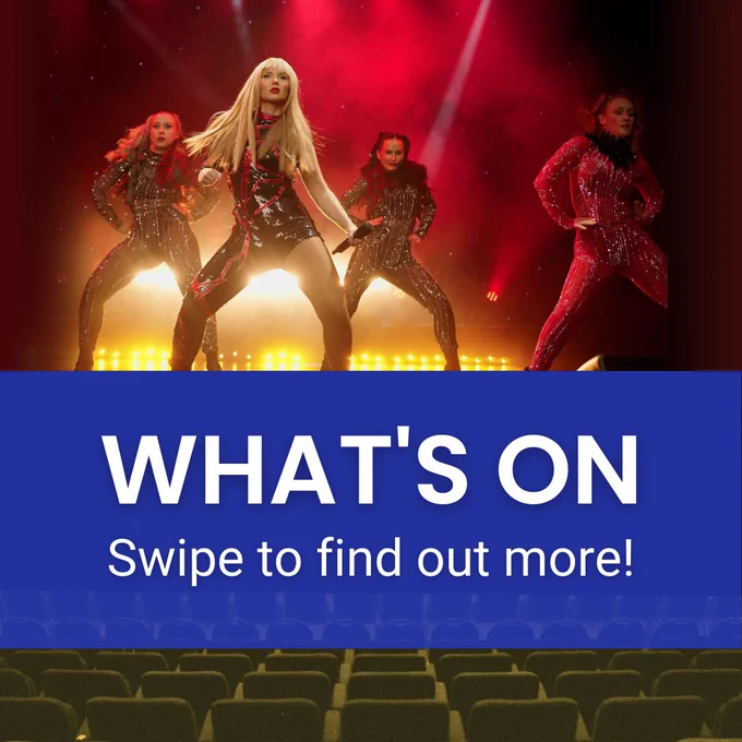 Text reads: "What's On Swipe to Find Out More!" Xenna performing on stage with backing dancers under dramatic red lighting, singing Taylor Swift's iconic songs.